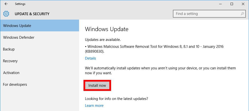 Install updates in Windows 10