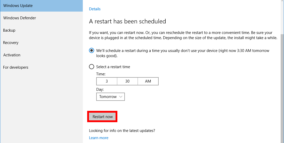 Restart in order to install updates for Windows 10