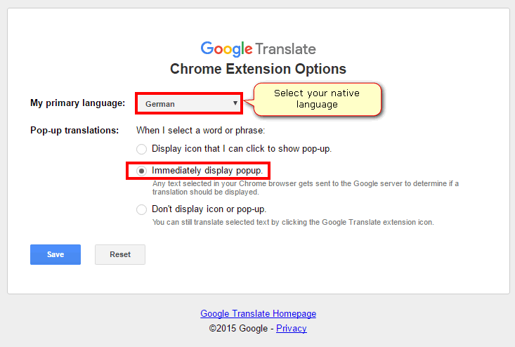 configure google translate extension for google chrome