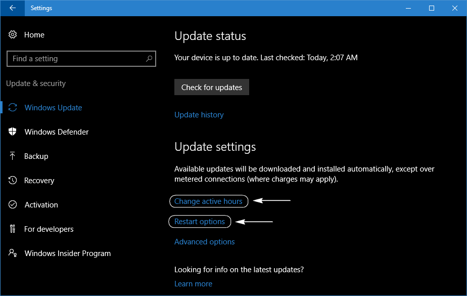 settings set up active hours windows 10