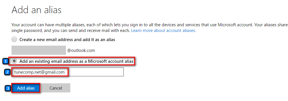 add an existing email to microsoft account