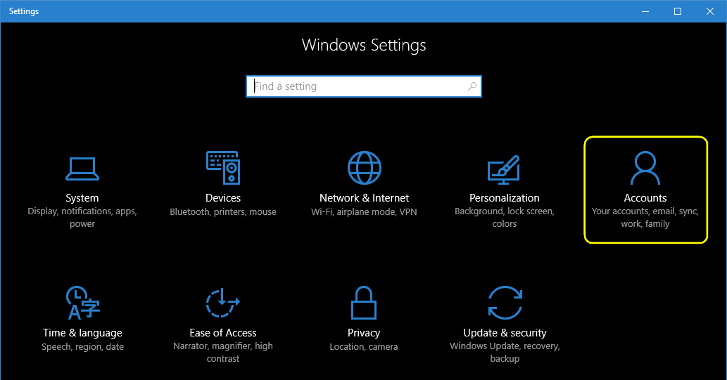 Windows 10 settings - accounts