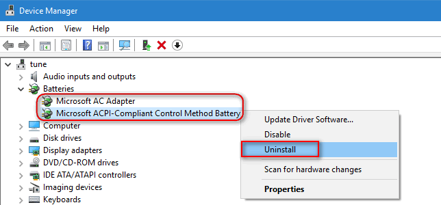 uninstall "Microsoft AC Adapter" and "ACPI-Compliant Control Method Battery"