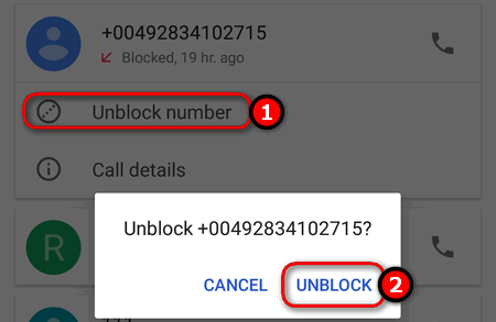 unblock number in Phone app Android 7