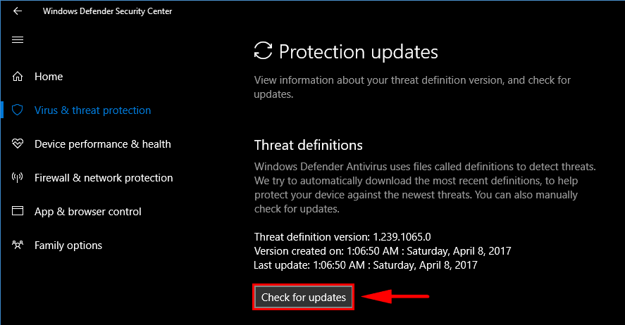 Windows Defender check for updates