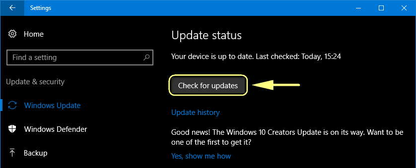 receive Creators Update via Windows Update
