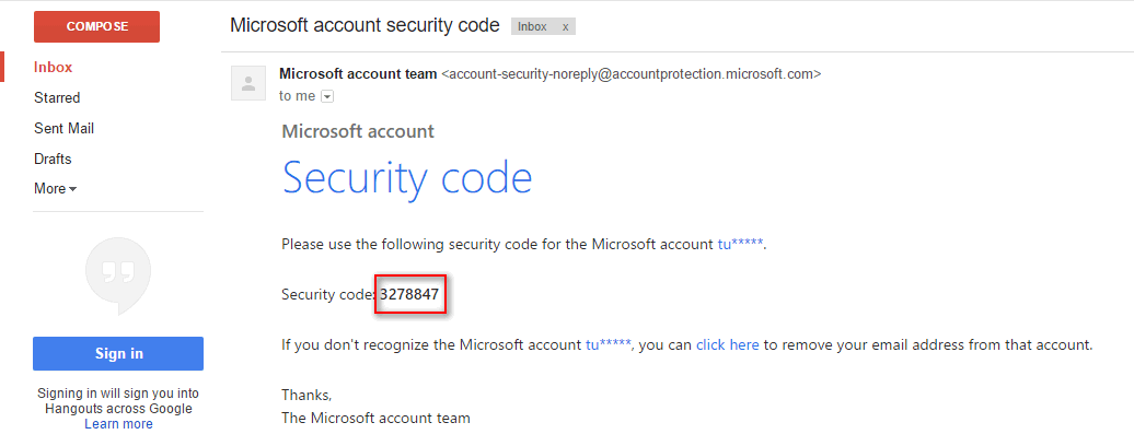 email microsoft security code