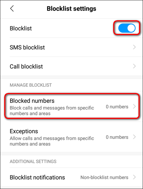 Blocklist settings Xiaomi