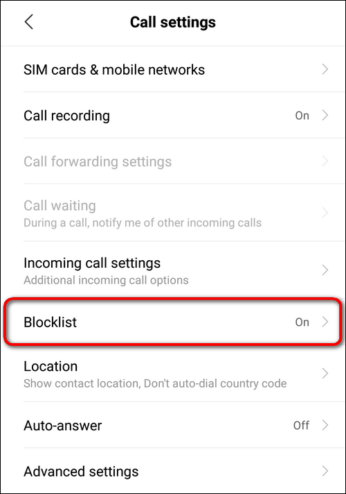 Call settings Blocklist Xiaomi