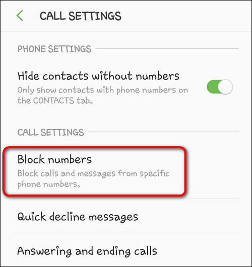 Phone app Call settings Samsung Galaxy S9