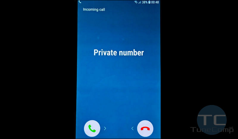 An incoming call from anonymous caller with private number on Android