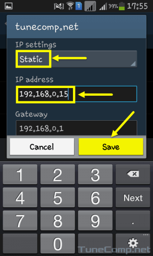 Selecting static address and entering the IP