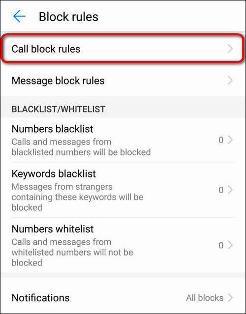 edit Call block rules Huawei