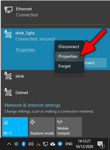 Wi-Fi connection properties Windows 10 2004