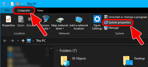 open system properties from Windows 10 file explorer