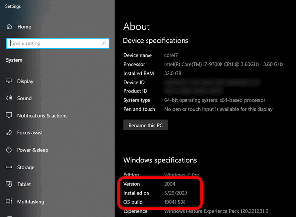 view OS version and build Windows 10 Settings app