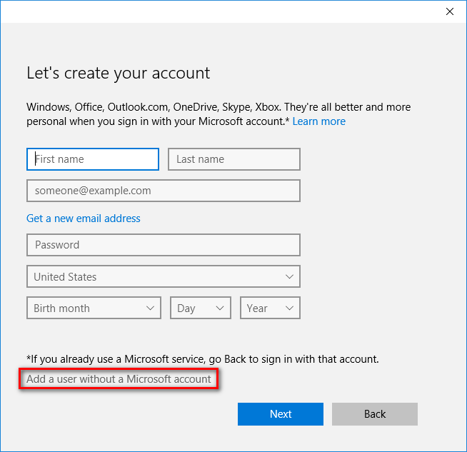 windows 10 install without microsoft account