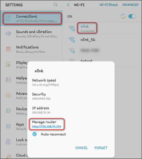 router's IP Galaxy Tab settings
