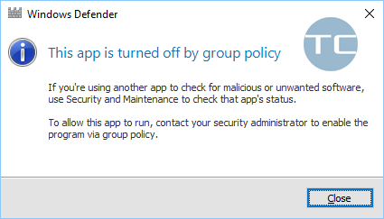 windows defender app turned off