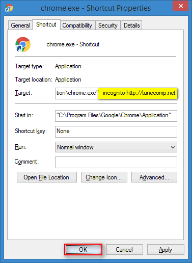 create a shortcut to Incognito Window of Chrome