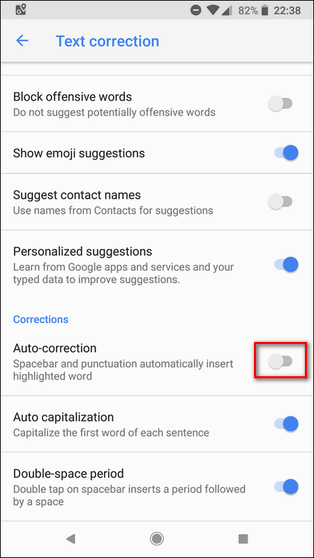 disable text Auto-Correction Android 8.1
