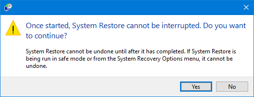 confirm system restore in Windows 10