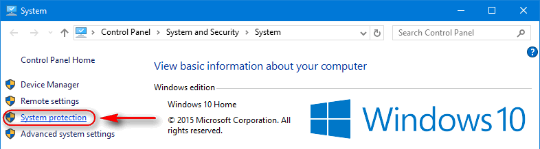 system protection in Windows 10
