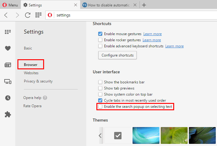 enable the search popup on selecting text