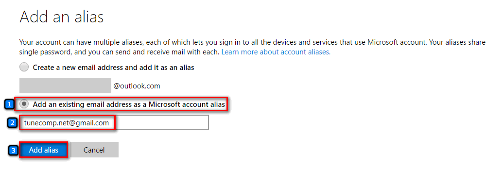 add alias microsoft outlook online