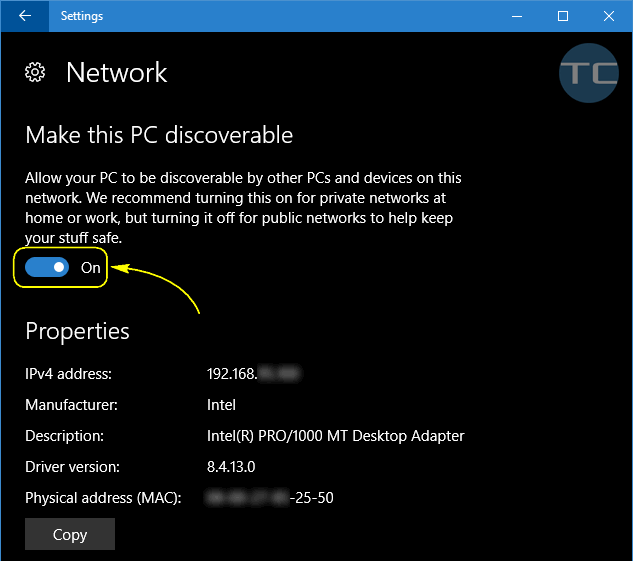 Make this PC discoverable (on)