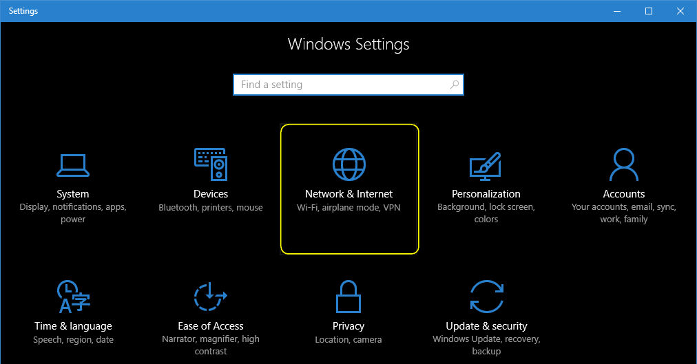 Windows 10 Settings Network & Internet