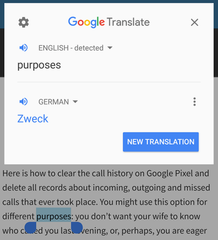 translate text in Chrome browser on Google Pixel