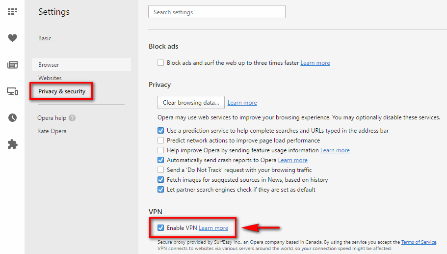 enable VPN in Opera