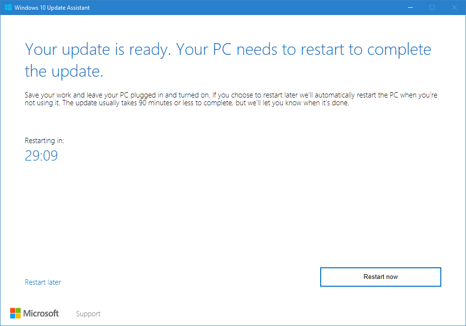 restart PC to complete the upgrade