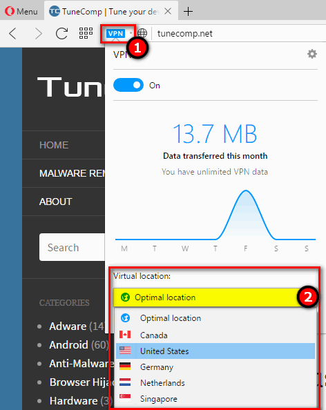 select country location in Opera VPN