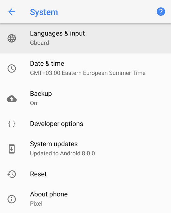 Languages & input Android 8