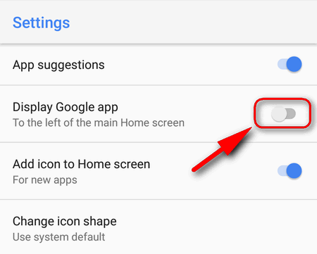disable Google App screen Android 8