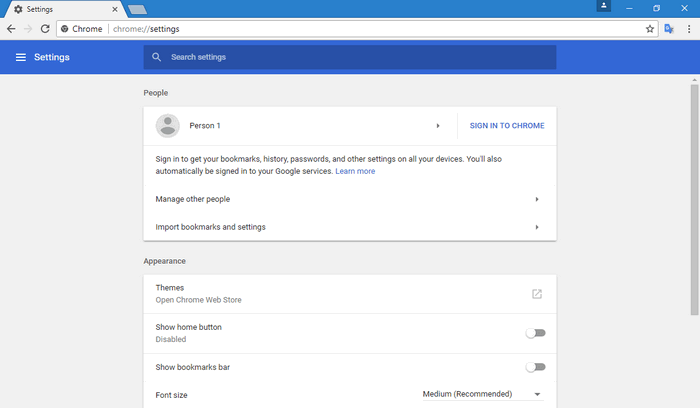 Chrome Settings Page New material design