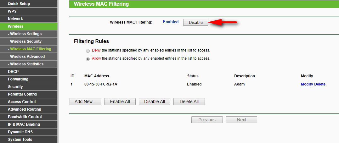 disable wireless MAC filtering