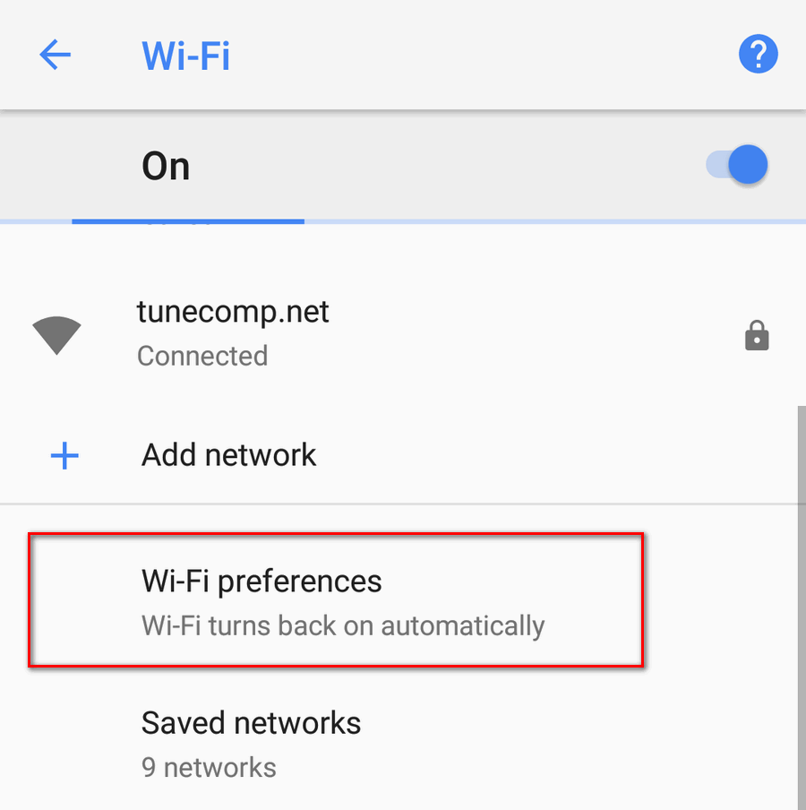 Wi-Fi Preferences Android 8