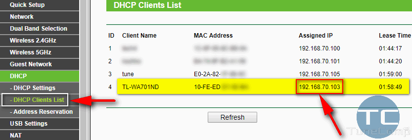 find repeater IP address in dhcp clients list