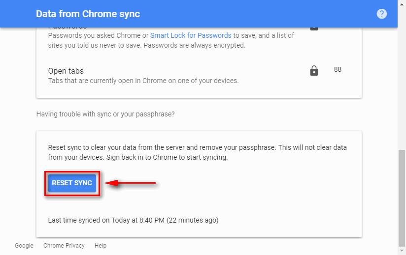 RESET SYNC to clear your data