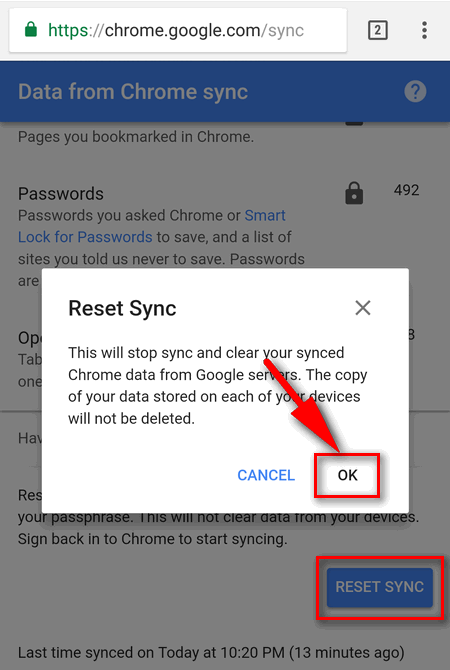 reset sync in Chrome