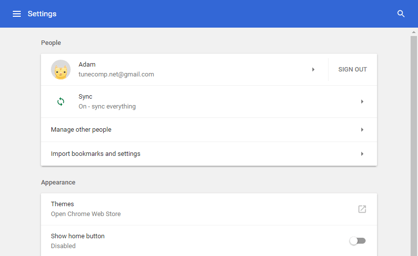 sync settings Chrome 61