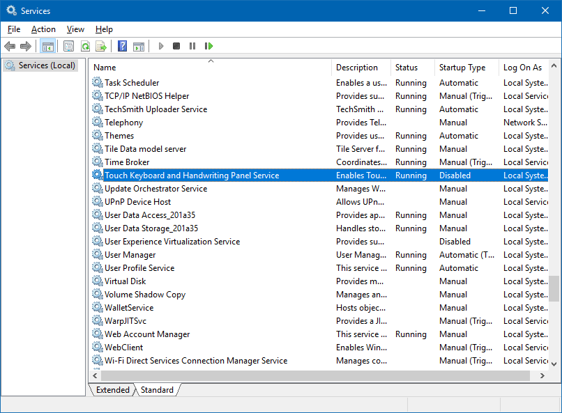touch KB in the services list Windows 10