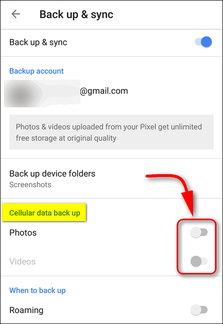 disable cellular data back up Google Photos Android