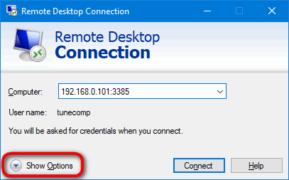 RDP connection show options