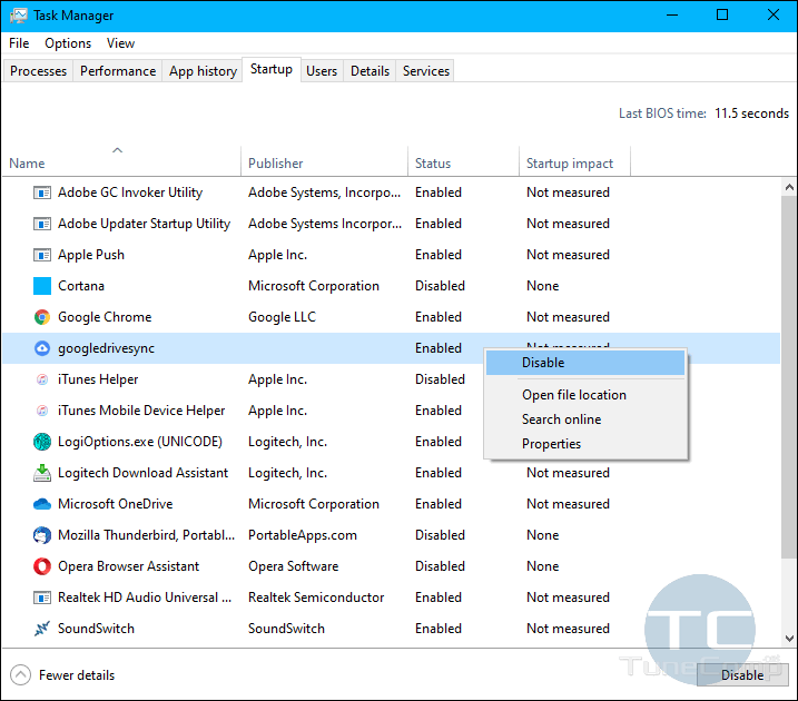 manage startup programs in Windows 10 Task Manager