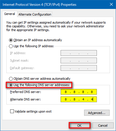 manually assign Google DNS Windows 10