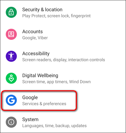 Google in Settings Android 9 Pie